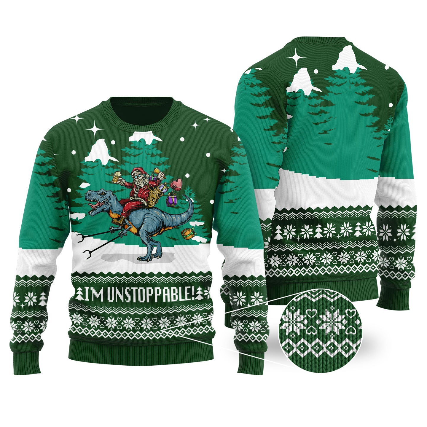 Forest Green Funny Santa T-Rex Christmas Sweater - Funny Ugly Christmas Sweater