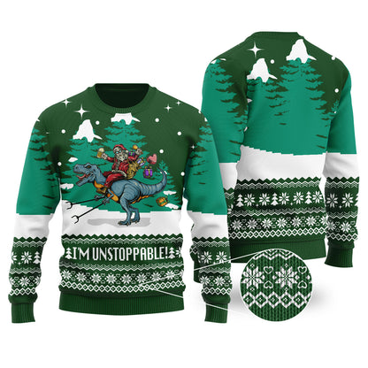 Forest Green Funny Santa T-Rex Christmas Sweater - Funny Ugly Christmas Sweater