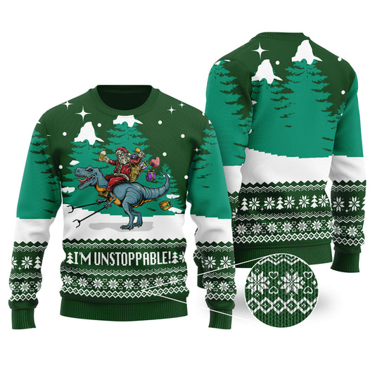 Forest Green Funny Santa T-Rex Christmas Sweater - Funny Ugly Christmas Sweater