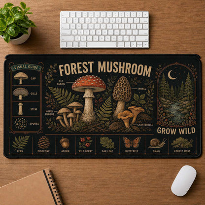 Mushroom & Moon Hippie Desk Mat Mouse Pad | 5To9Vibe - Forest Mushroom style