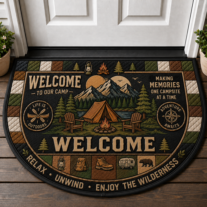 Welcome To Our Camp Doormat - Forest Tent & Campfire Outdoor Mat - 5to9vibe