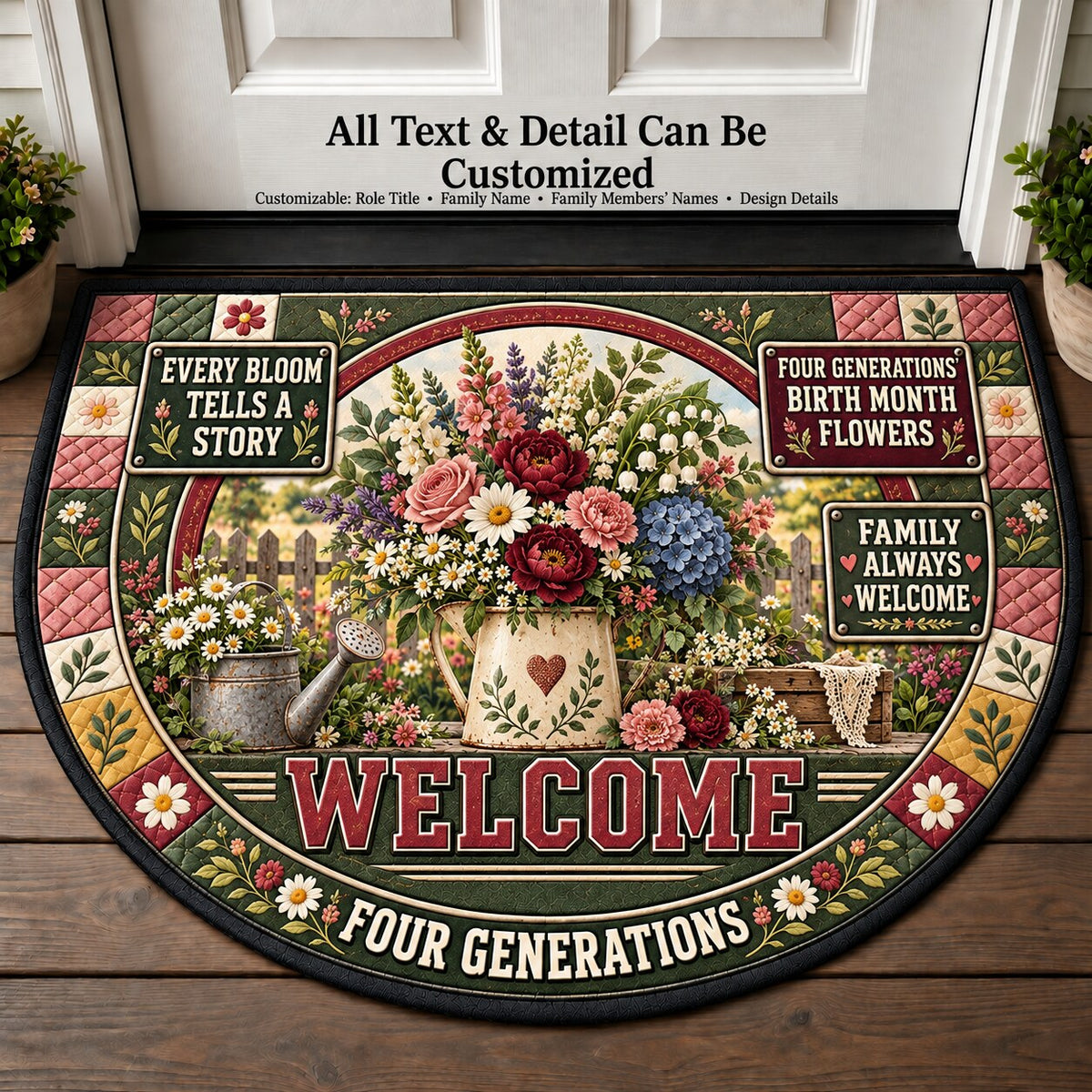 Four Generations' Birth Month Flowers Personalized Half Round Mat | 5To9Vibe