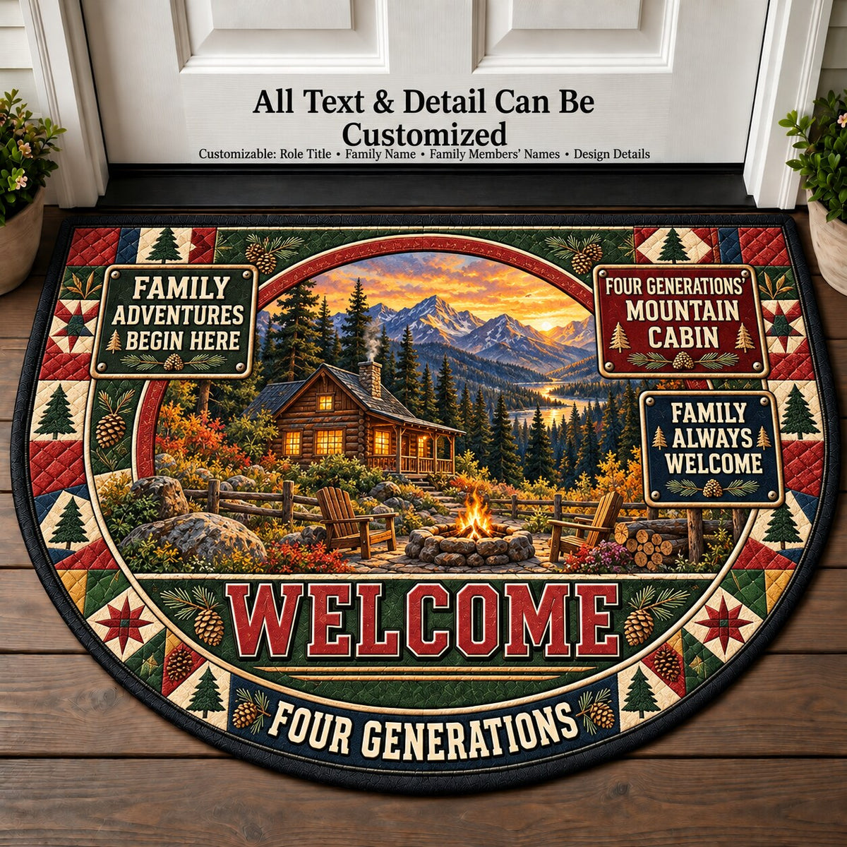 Four Generations' Mountain Cabin Personalized Half Round Mat | 5To9Vibe