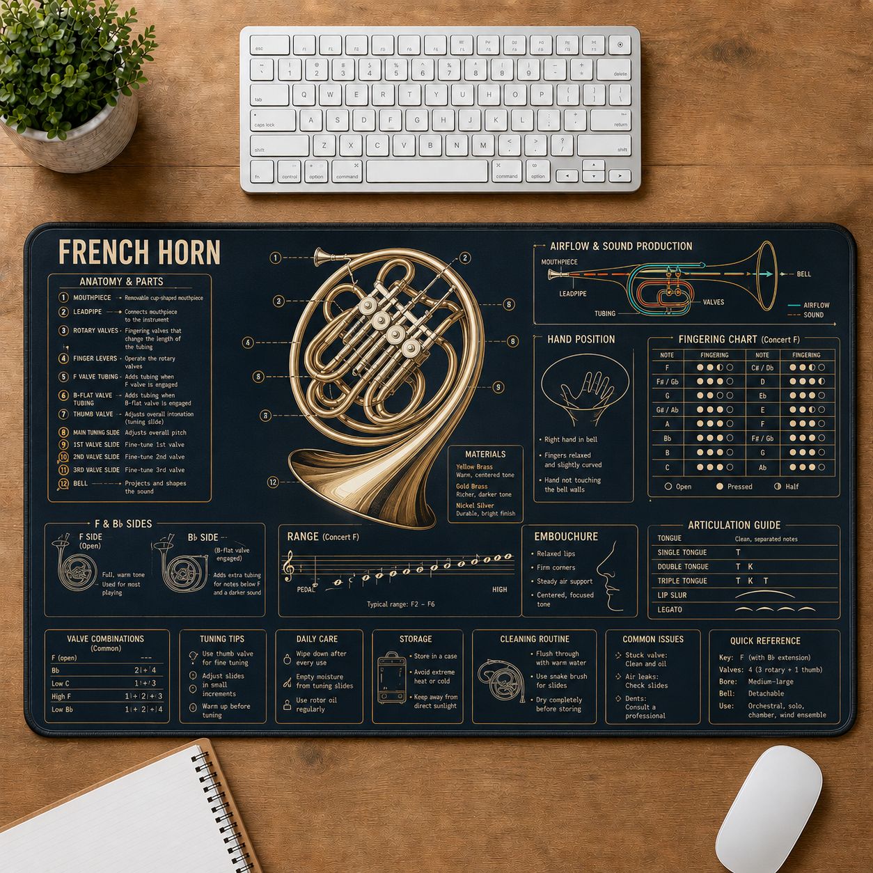 French Horn Musical Instrument Blueprint Guide Desk Mat | 5To9Vibe