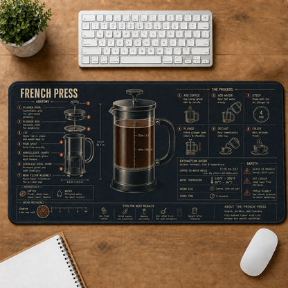 French Press Coffee Cooking Technique & Reference Guide Desk Mat | 5To9Vibe
