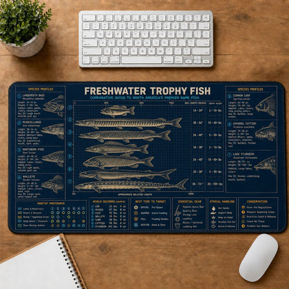 Freshwater Trophy Fish Collection Fishing Field Guide Desk Mat | 5To9Vibe