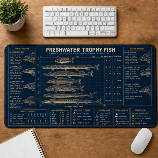 Freshwater Trophy Fish Collection Fishing Field Guide Desk Mat | 5To9Vibe