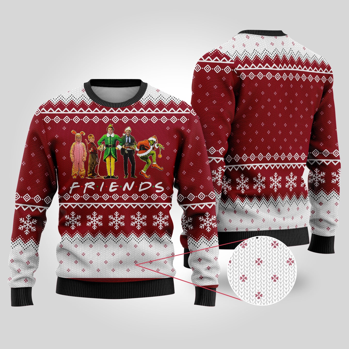 Friends Elf Christmas Movie Characters Ugly Christmas Sweater Cardinal Red - Funny Ugly Christmas Sweater