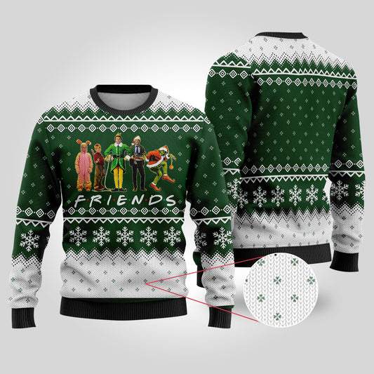 Friends Elf Christmas Movie Characters Ugly Christmas Sweater Forest Green - Funny Ugly Christmas Sweater
