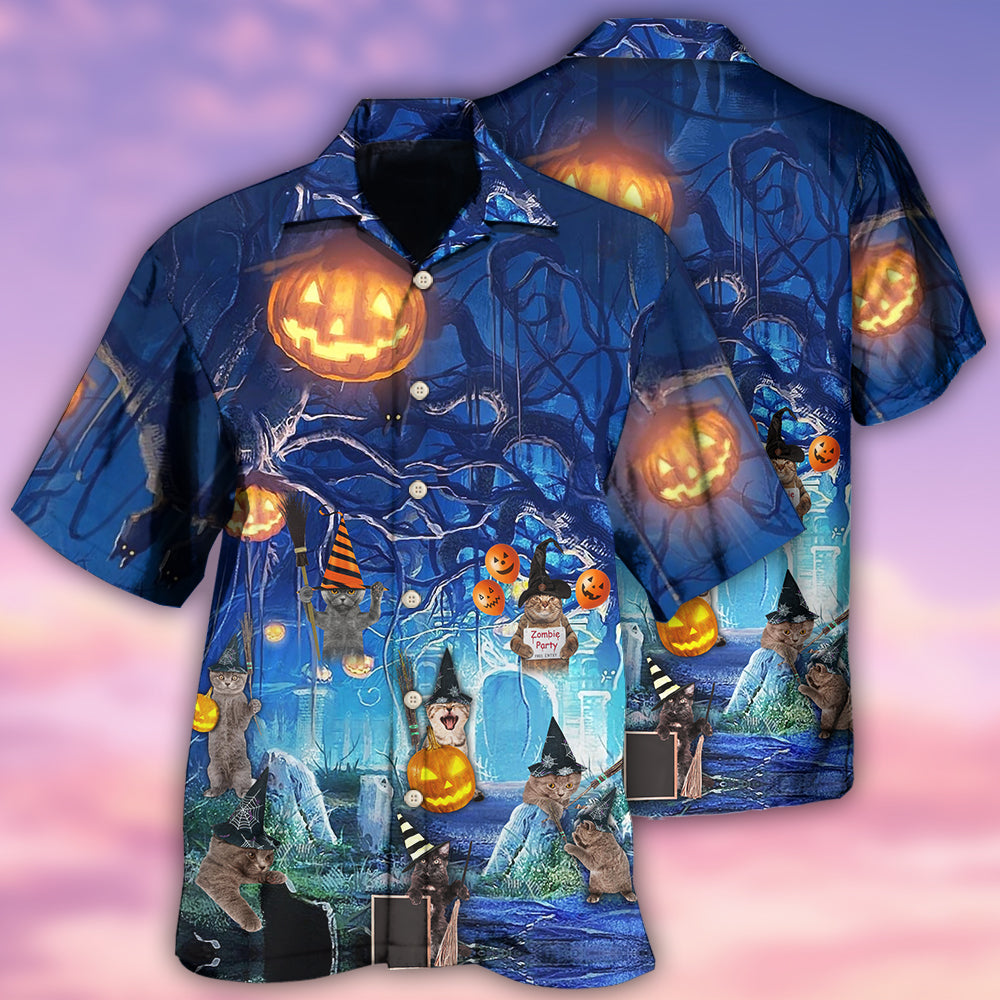 Halloween Night Cat Blue - Hawaiian Shirt 