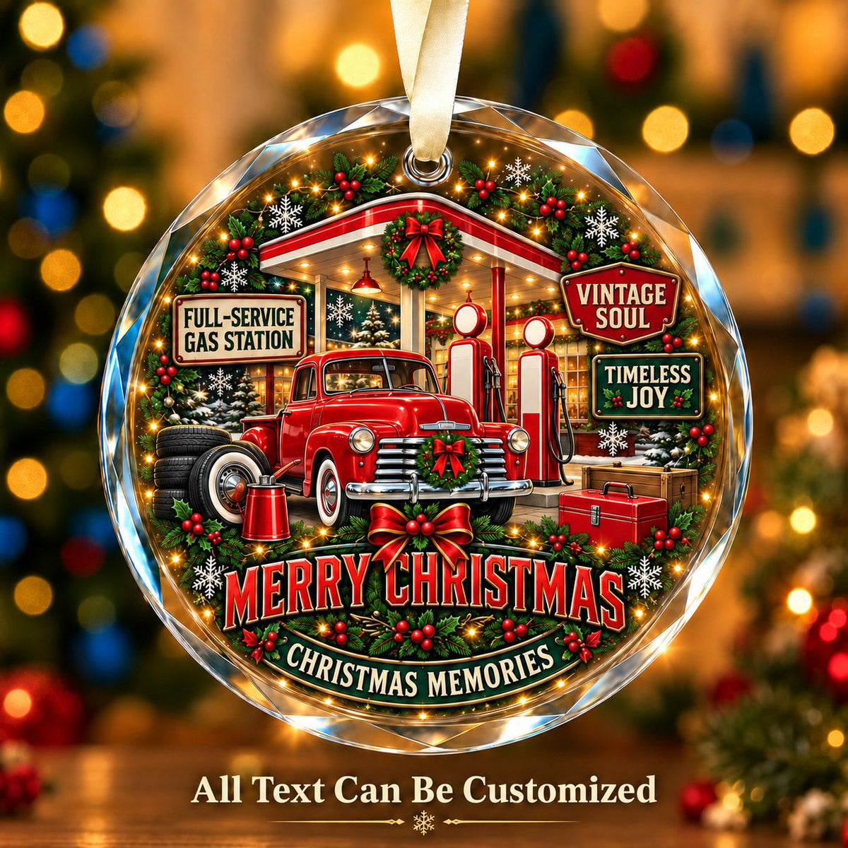 Full-Service Gas Station Personalized Glass Ornament | 5To9Vibe
