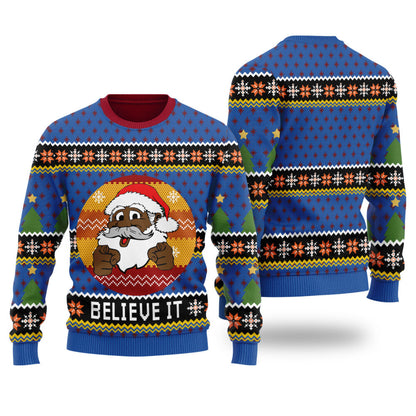 Funny African American Santa Ugly Christmas Sweater Royal