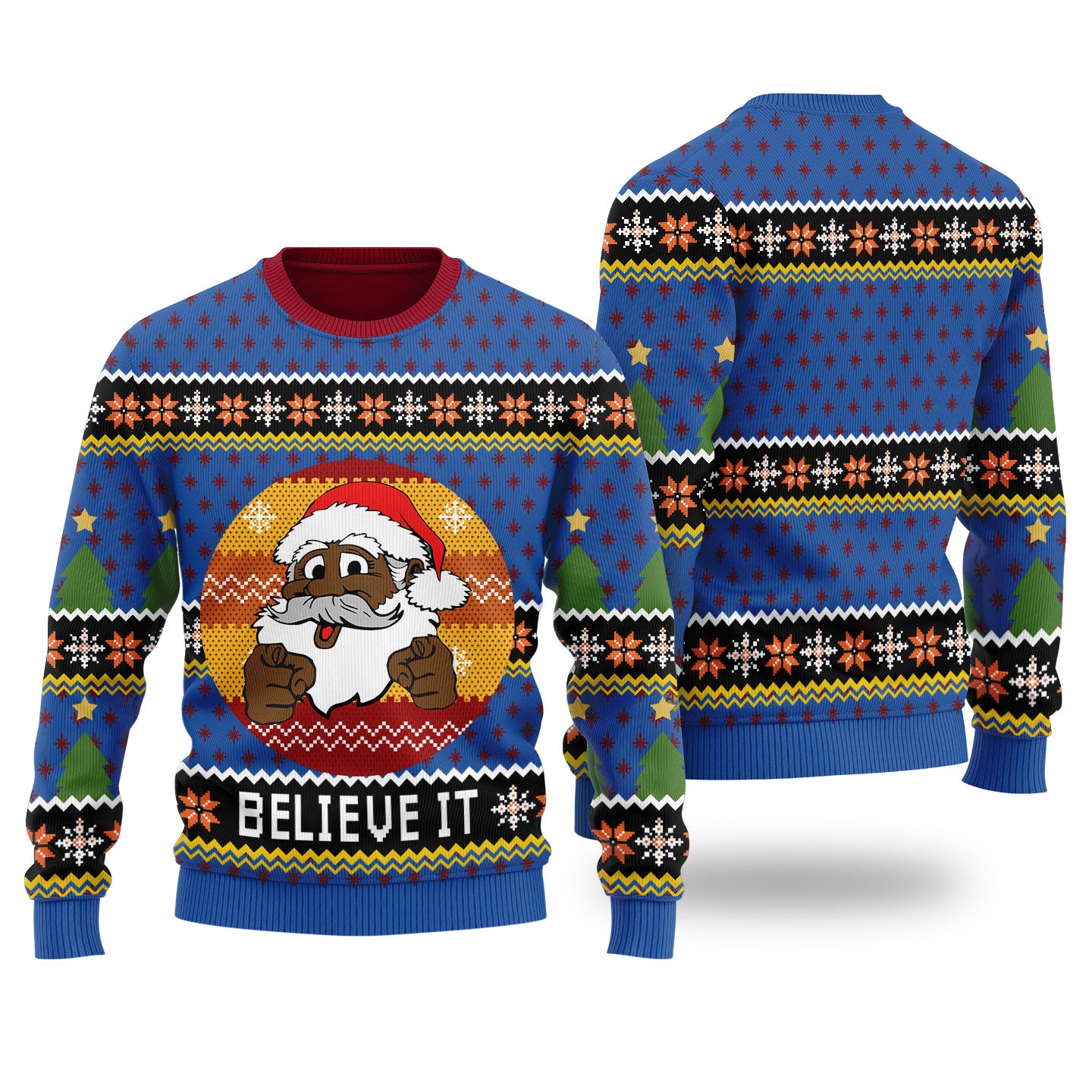 Funny African American Santa Ugly Christmas Sweater Royal