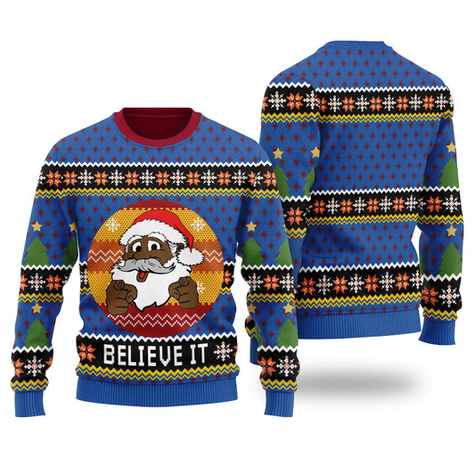 Funny African American Santa Ugly Christmas Sweater Royal
