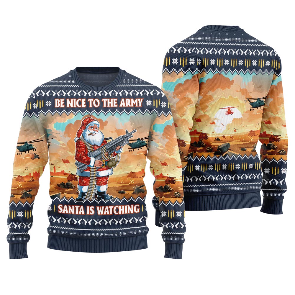 Funny Be Nice To Army Santa Ugly Sweater Navy