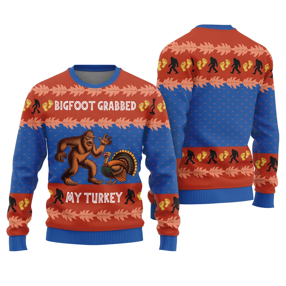 Bigfoot Grabs Turkey Funny Thanksgiving Sweater Adults