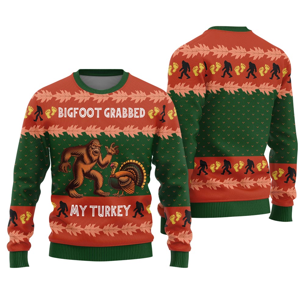 Bigfoot Grabs Turkey Funny Thanksgiving Sweater Adults
