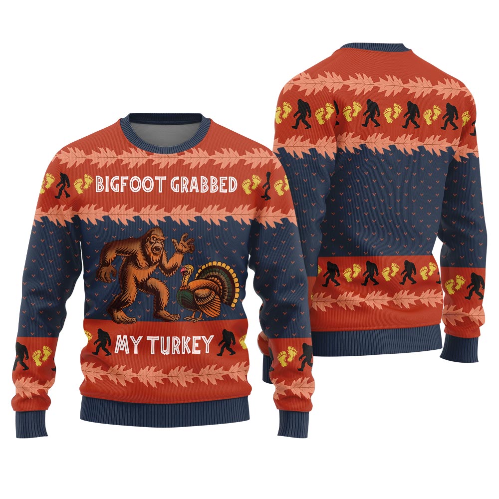 Bigfoot Grabs Turkey Funny Thanksgiving Sweater Adults