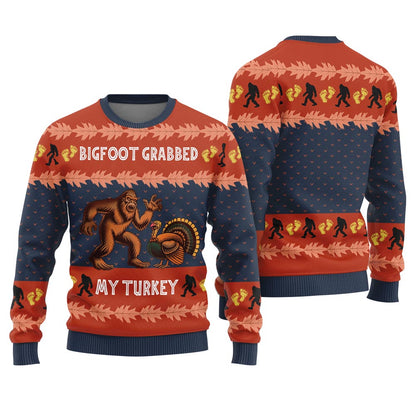 Bigfoot Grabs Turkey Funny Thanksgiving Sweater Adults