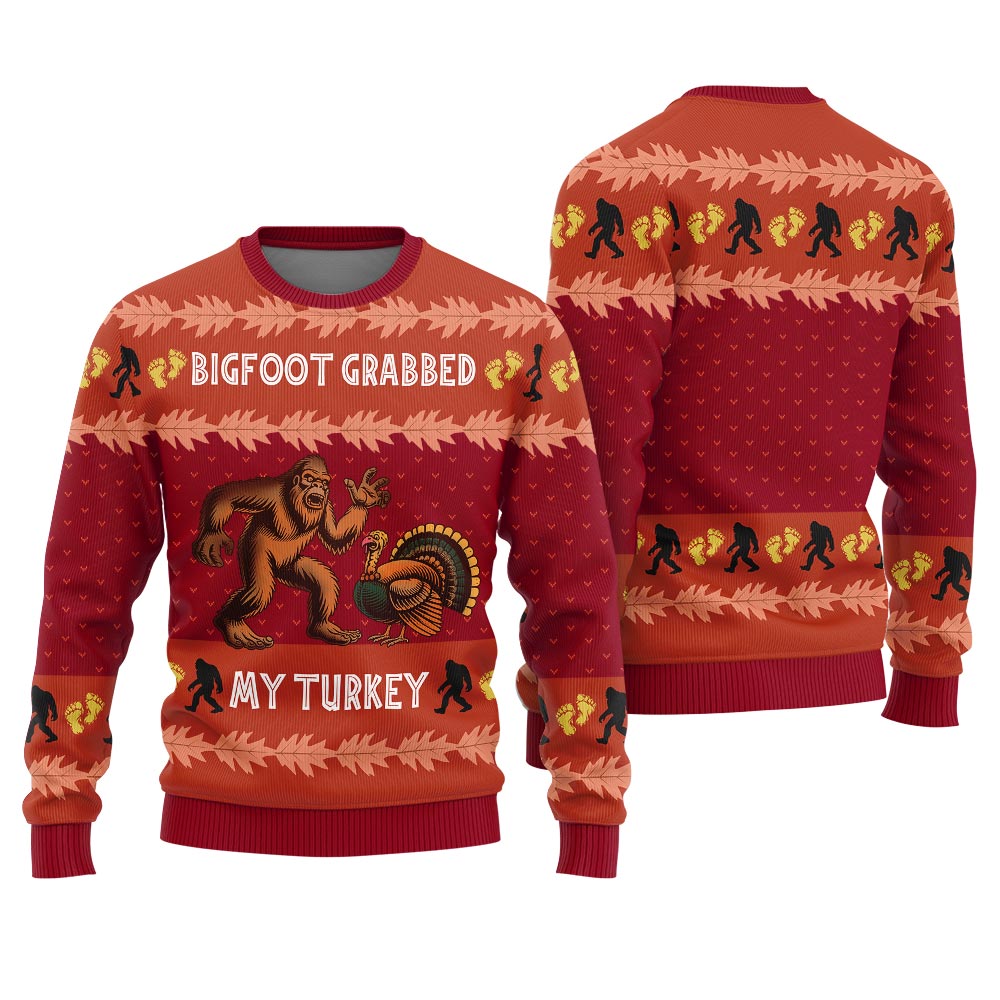 Bigfoot Grabs Turkey Funny Thanksgiving Sweater Adults