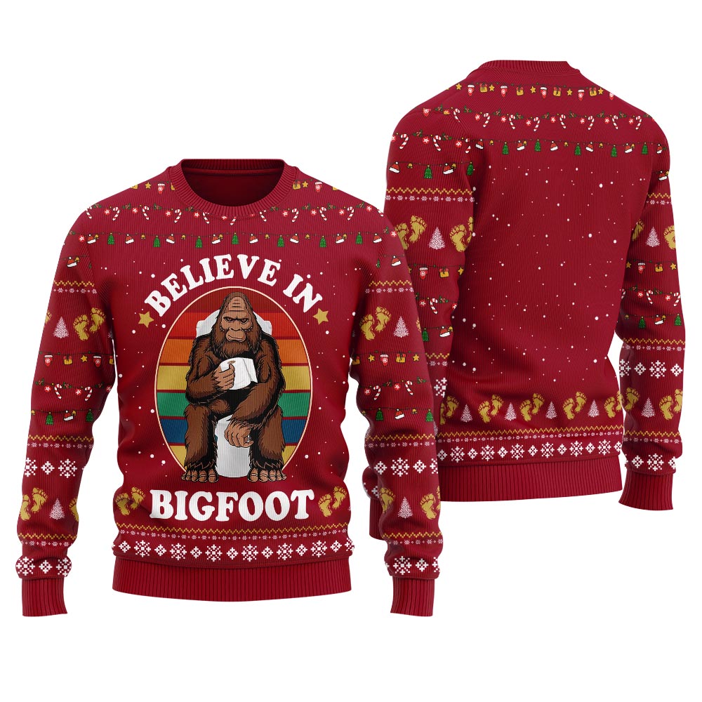 Hilarious Believe In Bigfoot Christmas Ugly Sweater Women's