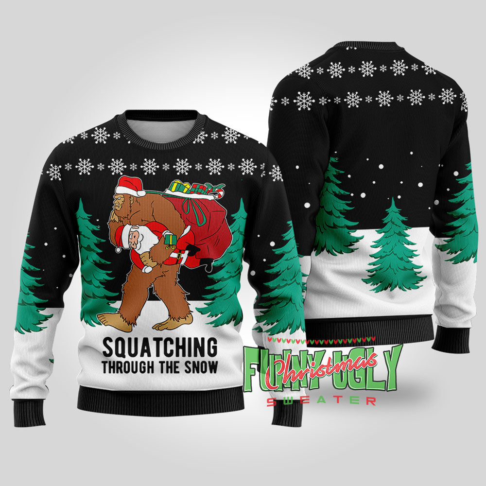 Funny Squatching Bigfoot Ugly Christmas Sweater Black