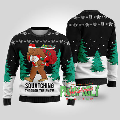 Funny Squatching Bigfoot Ugly Christmas Sweater Black