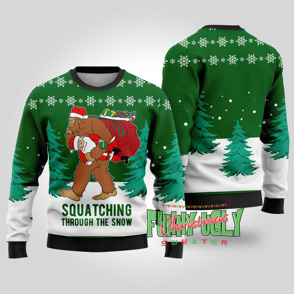 Funny Squatching Bigfoot Ugly Christmas Sweater Forest Green
