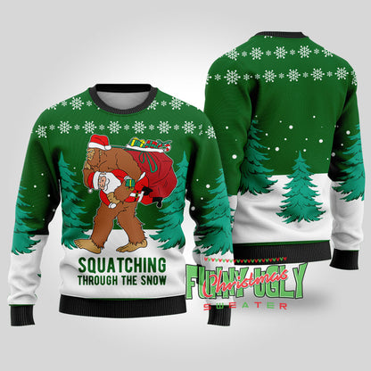 Funny Squatching Bigfoot Ugly Christmas Sweater Forest Green