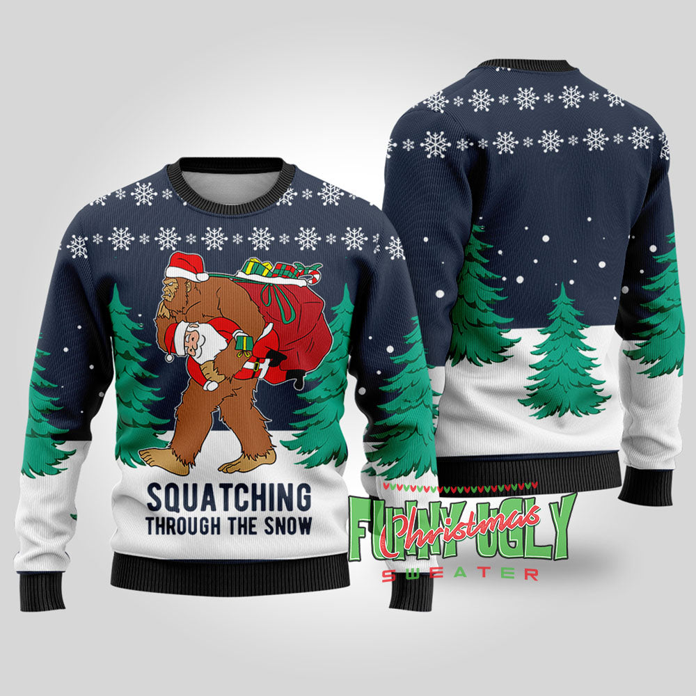 Funny Squatching Bigfoot Ugly Christmas Sweater Navy