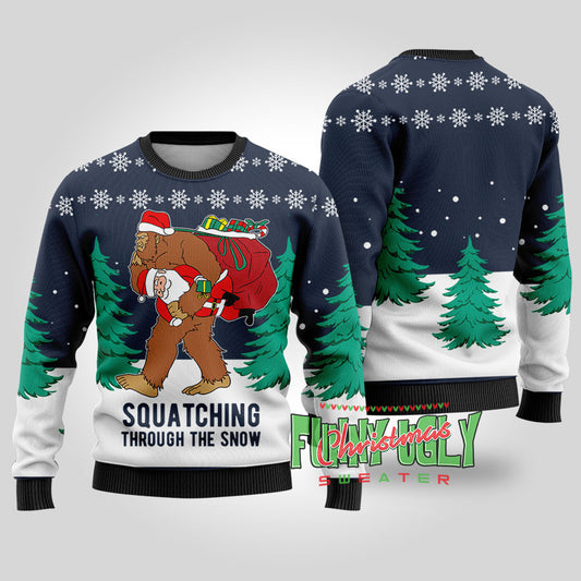 Funny Squatching Bigfoot Ugly Christmas Sweater Navy