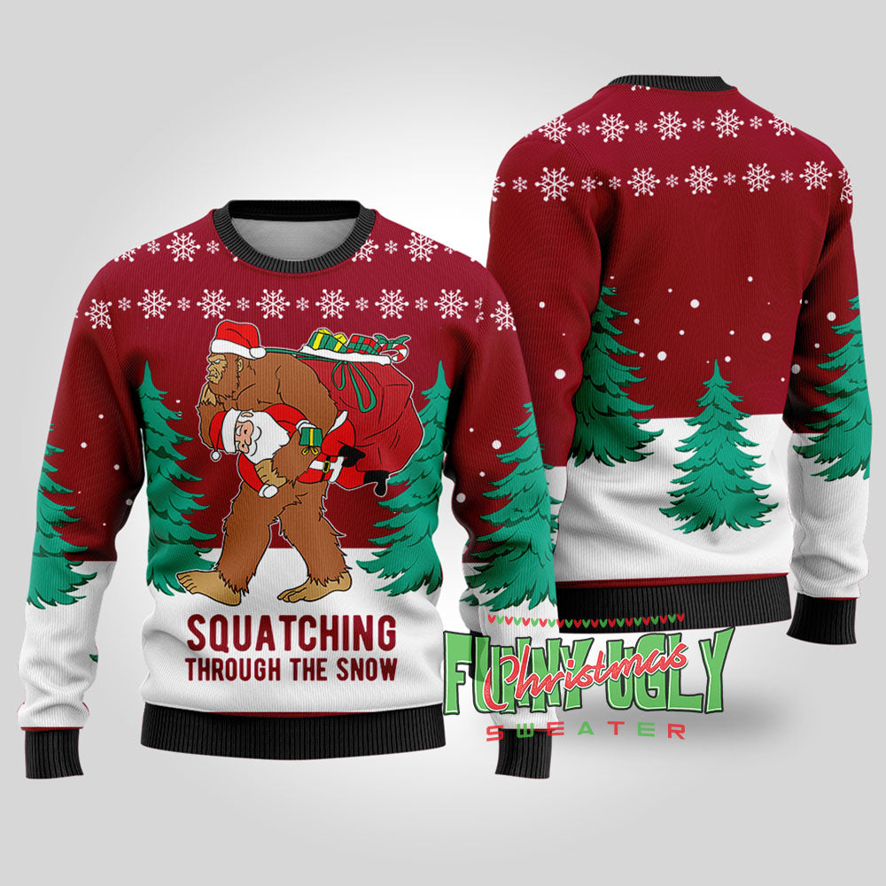 Funny Squatching Bigfoot Ugly Christmas Sweater Cardinal Red