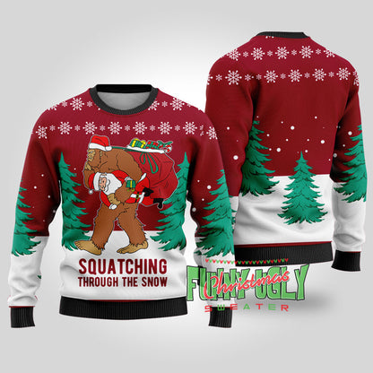 Funny Squatching Bigfoot Ugly Christmas Sweater Cardinal Red