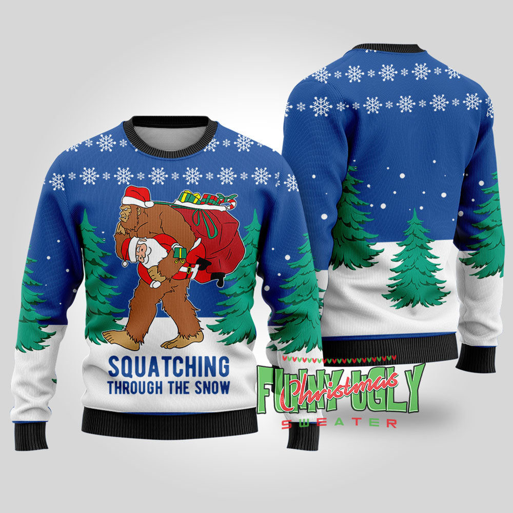Funny Squatching Bigfoot Ugly Christmas Sweater Royal