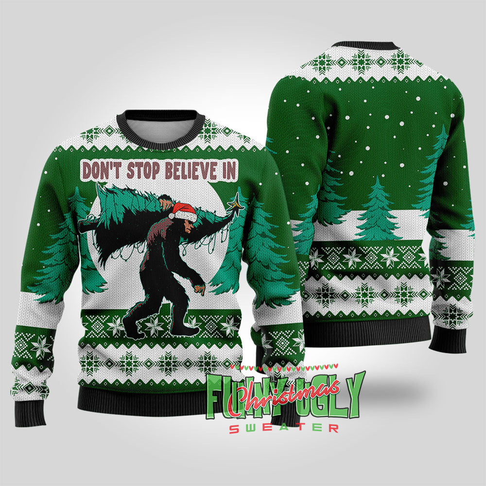 Funny Bigfoot Ugly Christmas Sweater Forest Green
