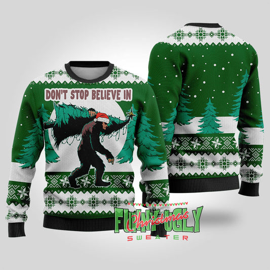 Funny Bigfoot Ugly Christmas Sweater Forest Green