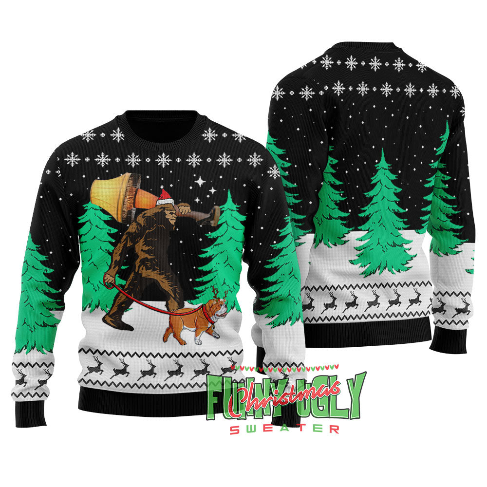 Funny Bigfoot Walking Bulldog Ugly Christmas Sweater Black