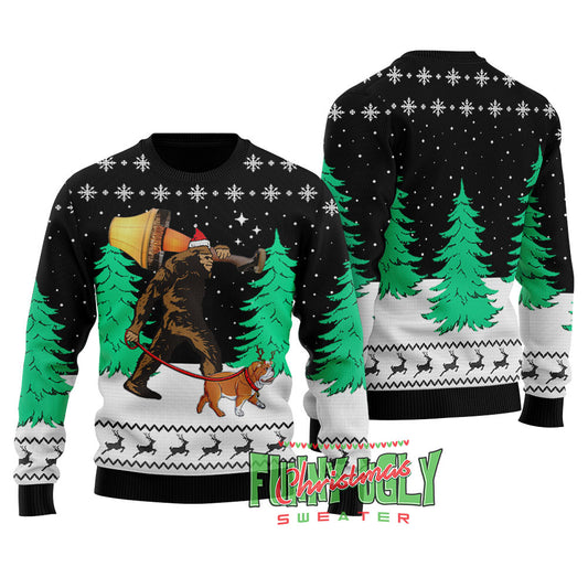 Funny Bigfoot Walking Bulldog Ugly Christmas Sweater Black