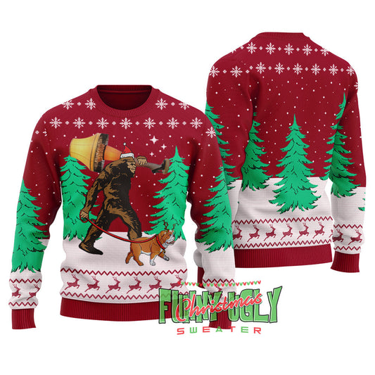 Funny Bigfoot Walking Bulldog Ugly Christmas Sweater Cardinal Red