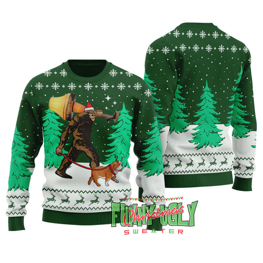 Funny Bigfoot Walking Bulldog Ugly Christmas Sweater Forest Green