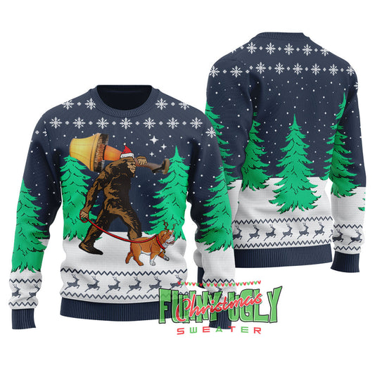 Funny Bigfoot Walking Bulldog Ugly Christmas Sweater Navy