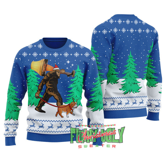 Funny Bigfoot Walking Bulldog Ugly Christmas Sweater Royal