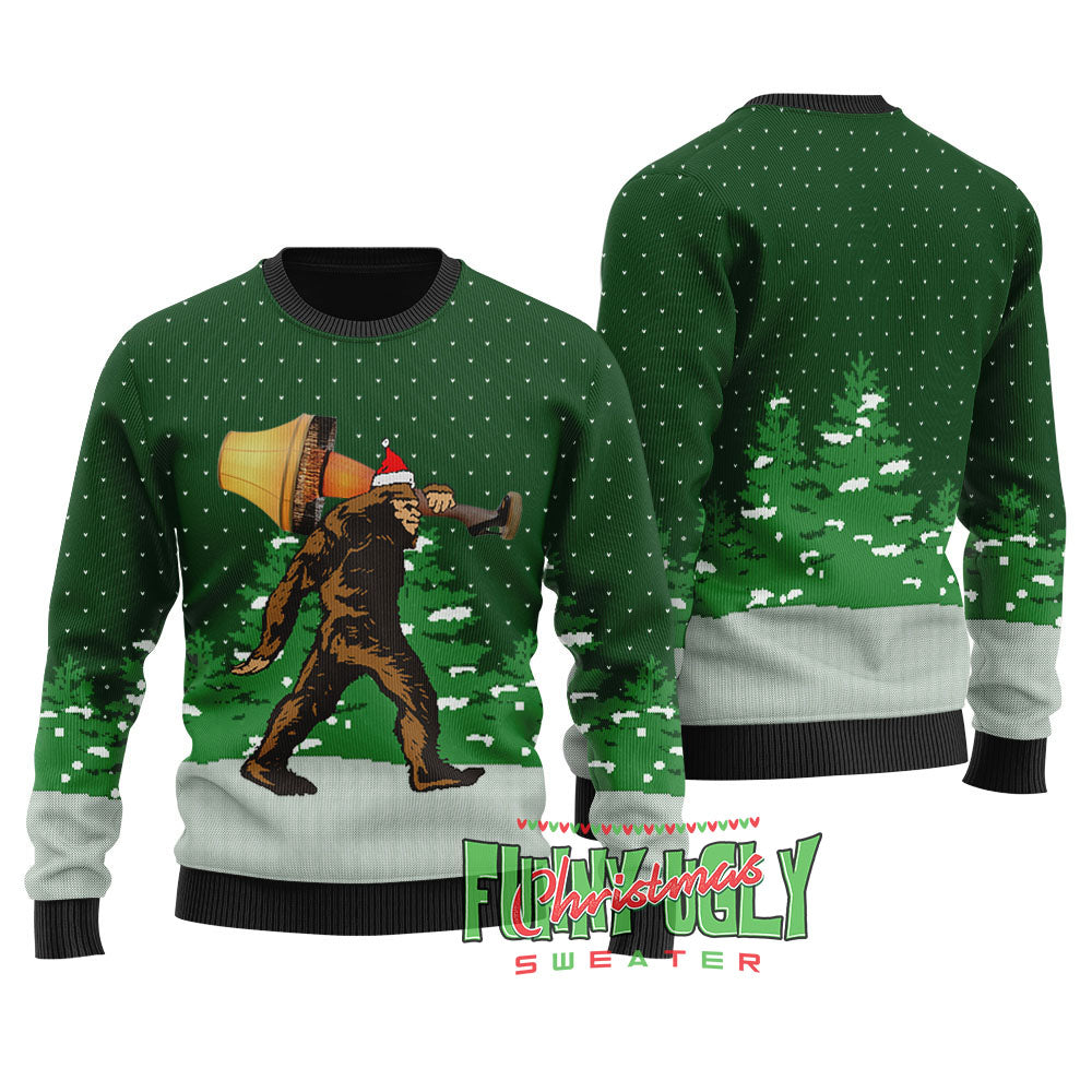 Funny Bigfoot With A Major Award Ugly Sweater Forest Green