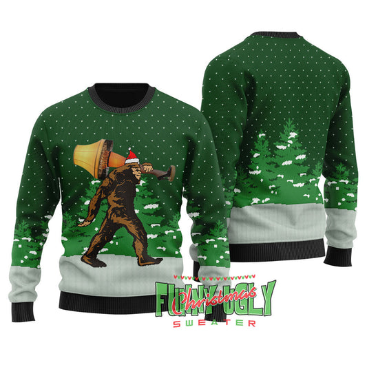 Funny Bigfoot With A Major Award Ugly Sweater Forest Green