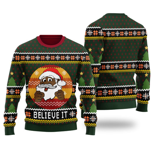 Funny Black Santa Believe In Christmas Ugly Sweaters Forest Green