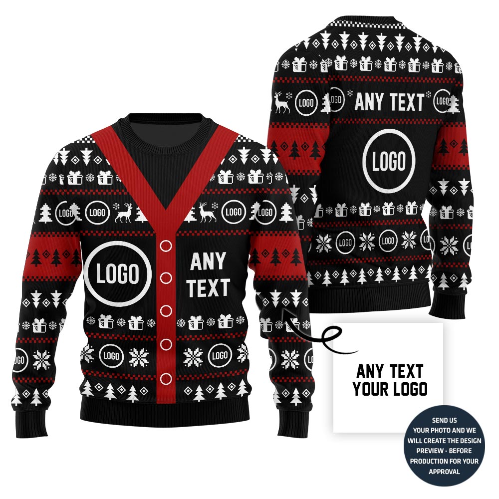 Funny Cardigan Look Custom Logo And Text Ugly Christmas Sweater