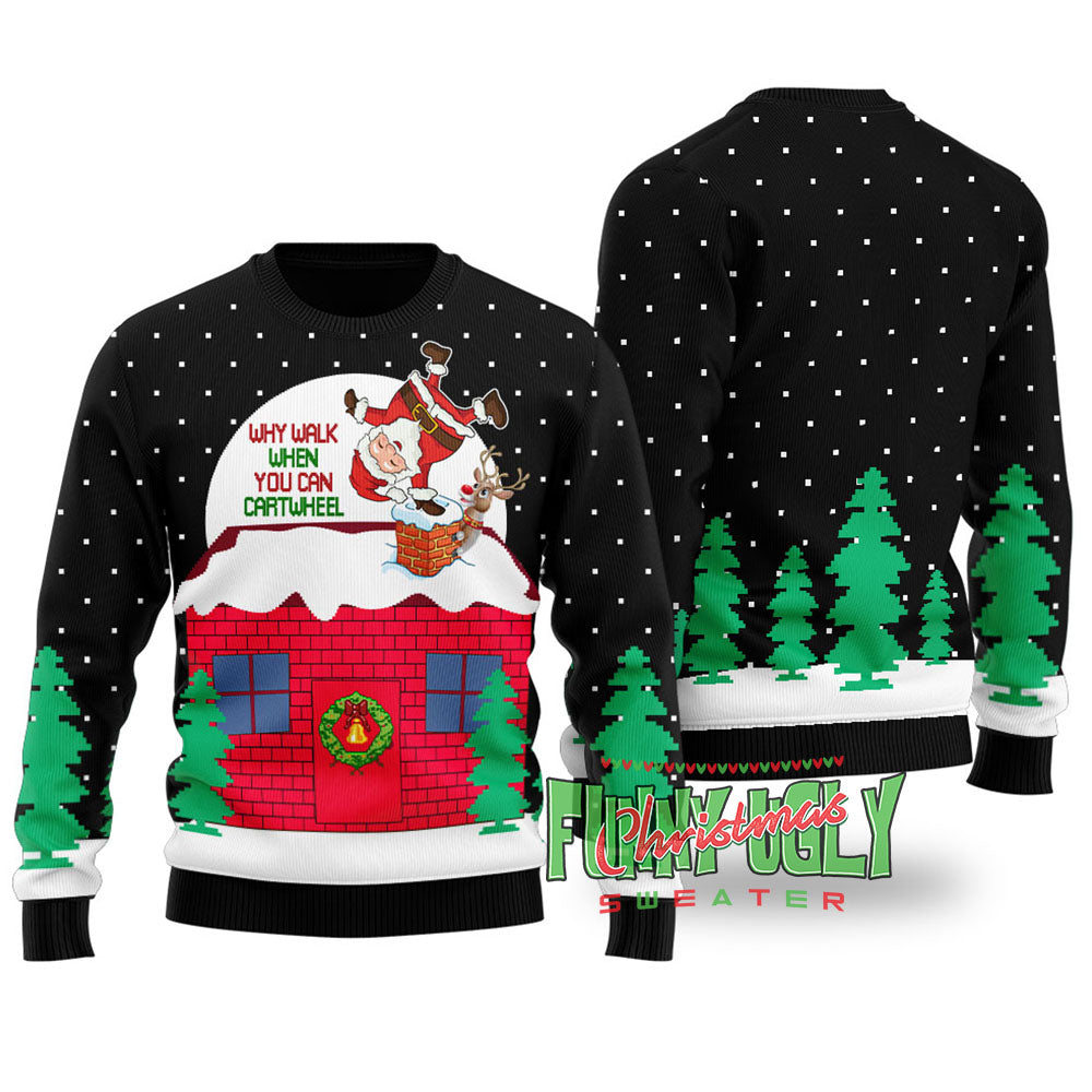 Funny Cartwheel Santa Ugly Christmas Sweater Black