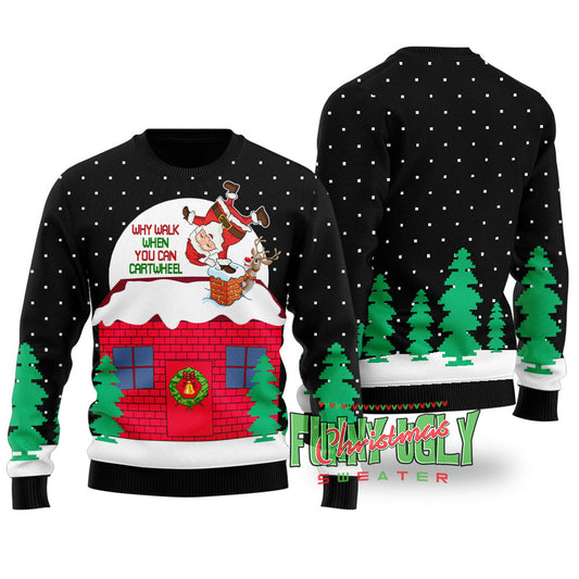 Funny Cartwheel Santa Ugly Christmas Sweater Black