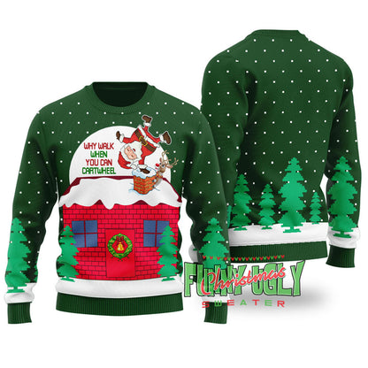 Funny Cartwheel Santa Ugly Christmas Sweater Forest Green