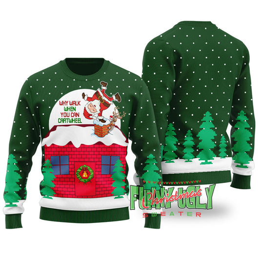 Funny Cartwheel Santa Ugly Christmas Sweater Forest Green